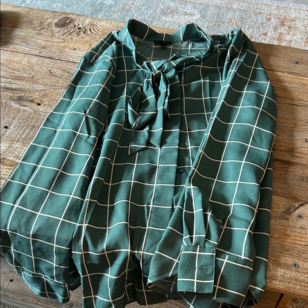 Ann Taylor Green Checkered Blouse